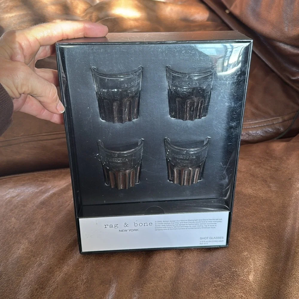 Rag & Bone - 4 Shot Glasses - NIB silver accents